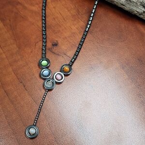 Vintage Hematite Y Necklace With Multi-Color Cat's Eye Beads